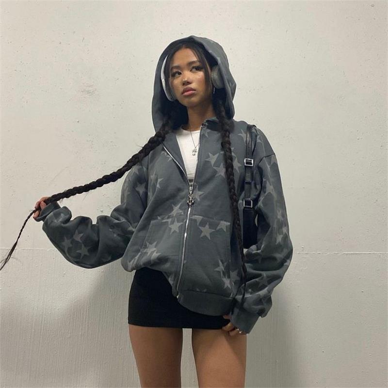 Stars Printed Zipper Hooded Cardigan Couple Fashion Outerwear Hoodies Sweatshirt Street Men Women Coat Accent Plus