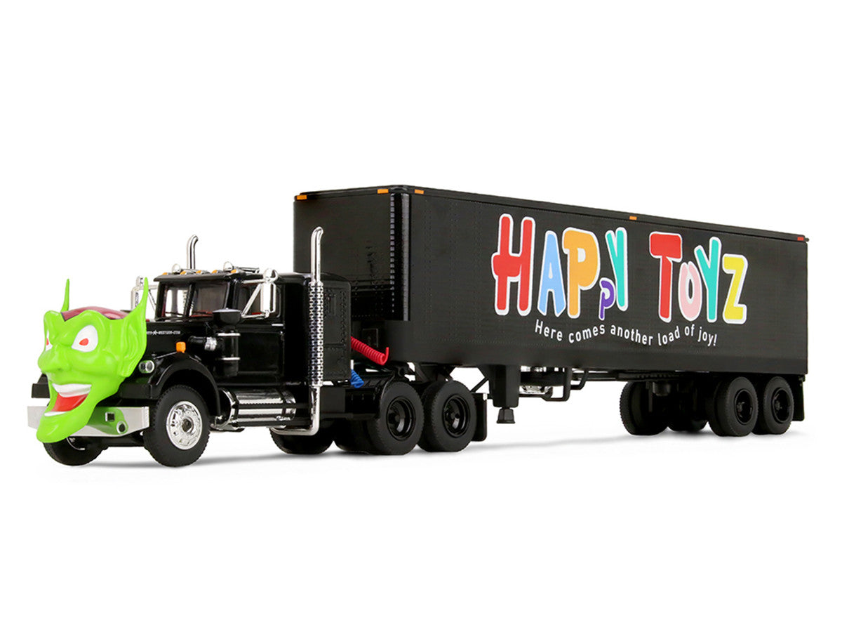 White Western Star 4800 with Green Goblin Head and 40' Vintage Trailer Black with Graphics "Maximum Overdrive" (1986) Movie 40th Anniversary 1/64 Diecast Model by DCP/First Gear First Gear
