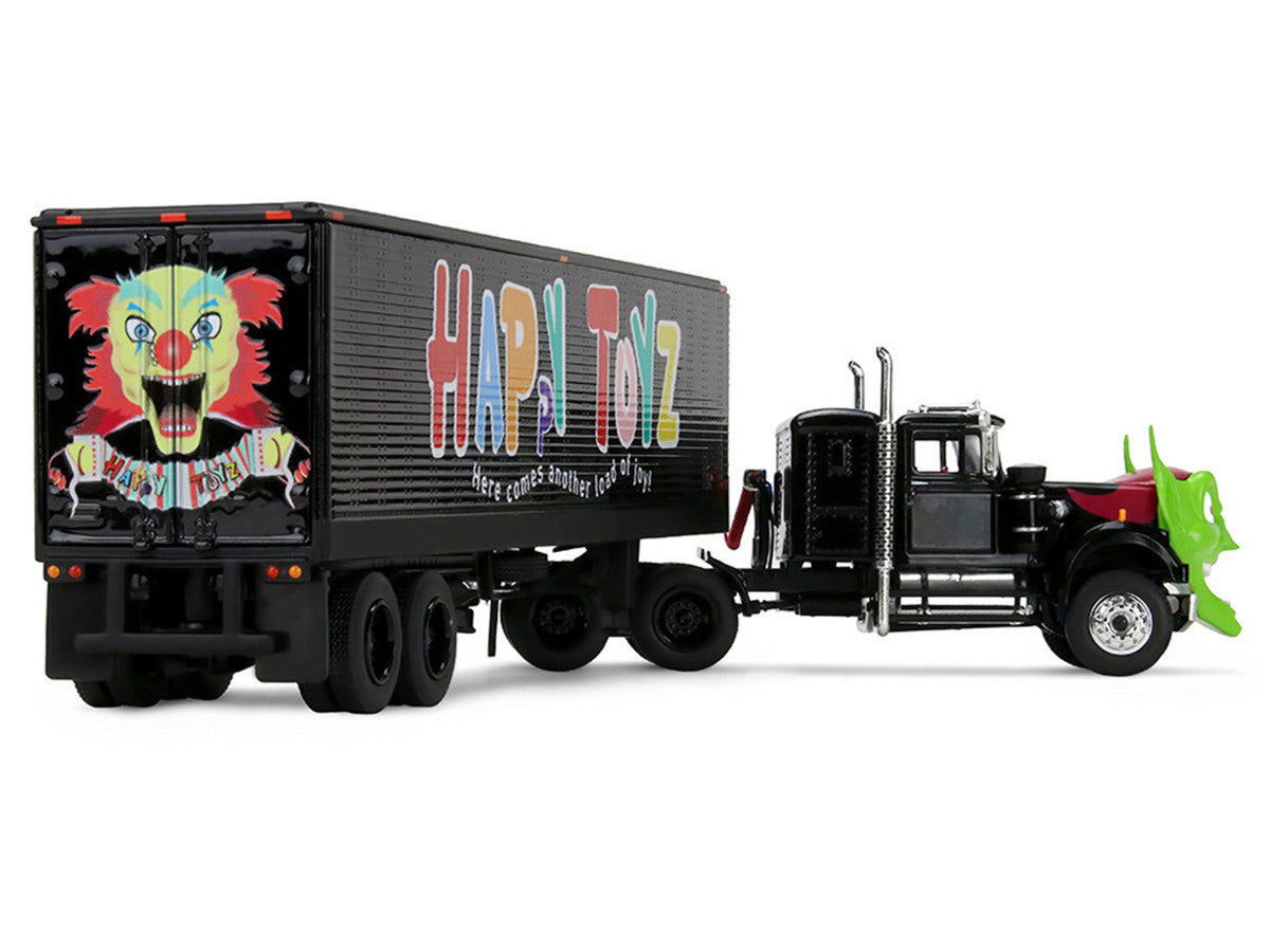 White Western Star 4800 with Green Goblin Head and 40' Vintage Trailer Black with Graphics "Maximum Overdrive" (1986) Movie 40th Anniversary 1/64 Diecast Model by DCP/First Gear First Gear