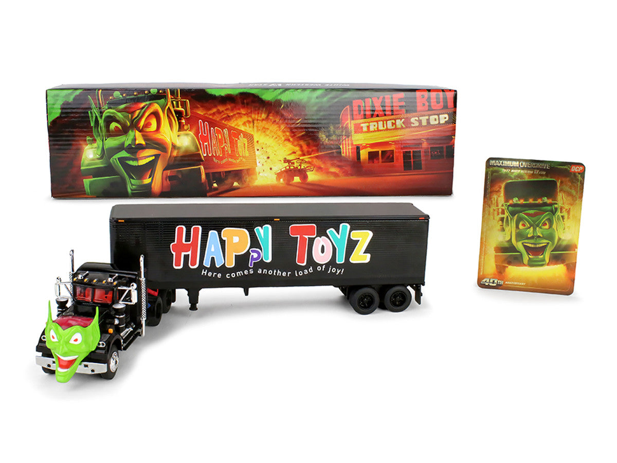 White Western Star 4800 with Green Goblin Head and 40' Vintage Trailer Black with Graphics "Maximum Overdrive" (1986) Movie 40th Anniversary 1/64 Diecast Model by DCP/First Gear First Gear