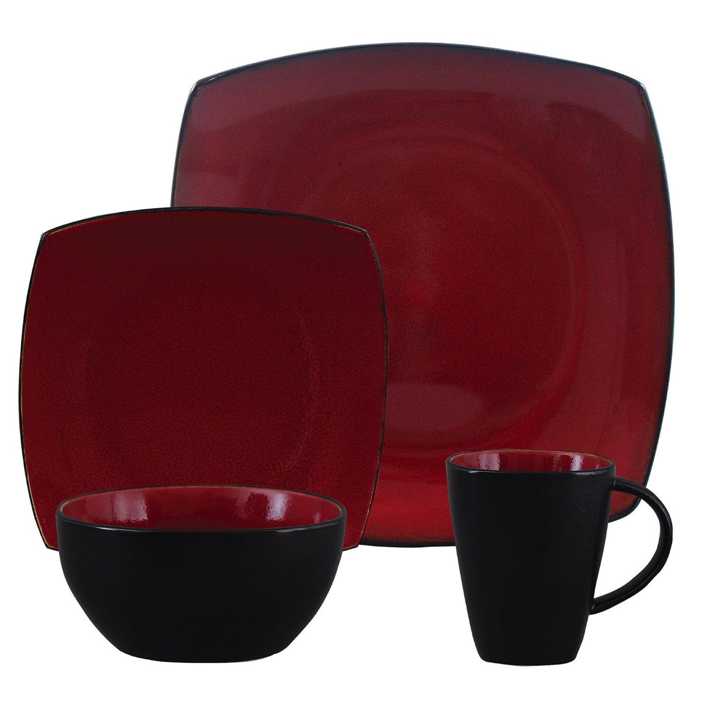 Gibson Soho Lounge 16 Piece Square Stoneware Dinnerware Set in Red and Black W2B