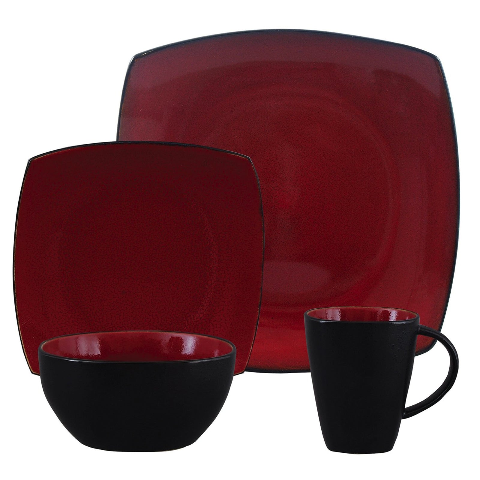 Gibson Soho Lounge 16 Piece Square Stoneware Dinnerware Set in Red and Black W2B