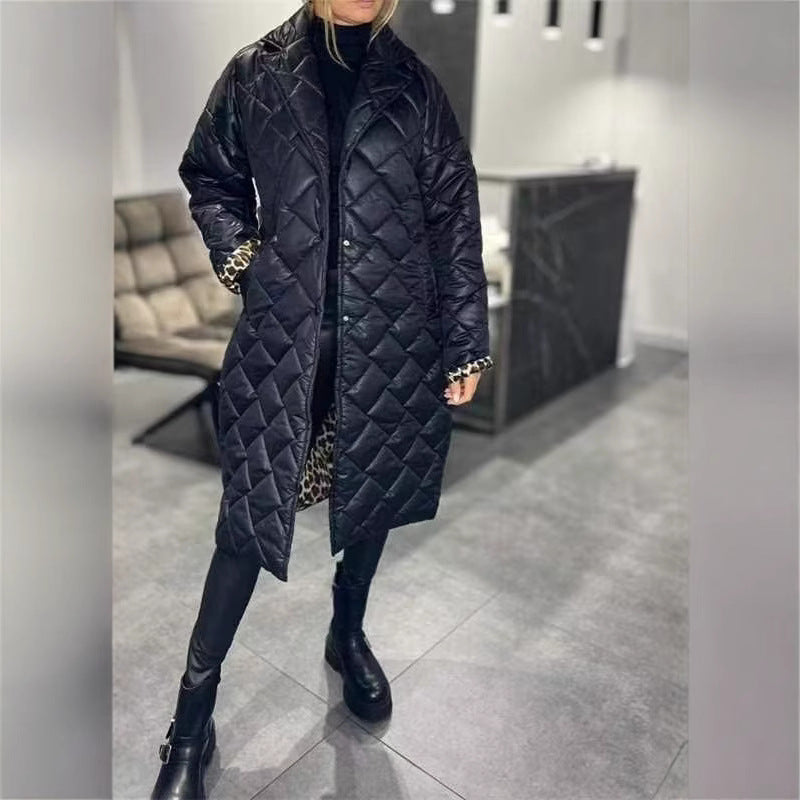 Winter Rhombus Stitching Coat Warm Solid Color Pocket Lapel Long Jacket Women's Clothing LadyShow.Store