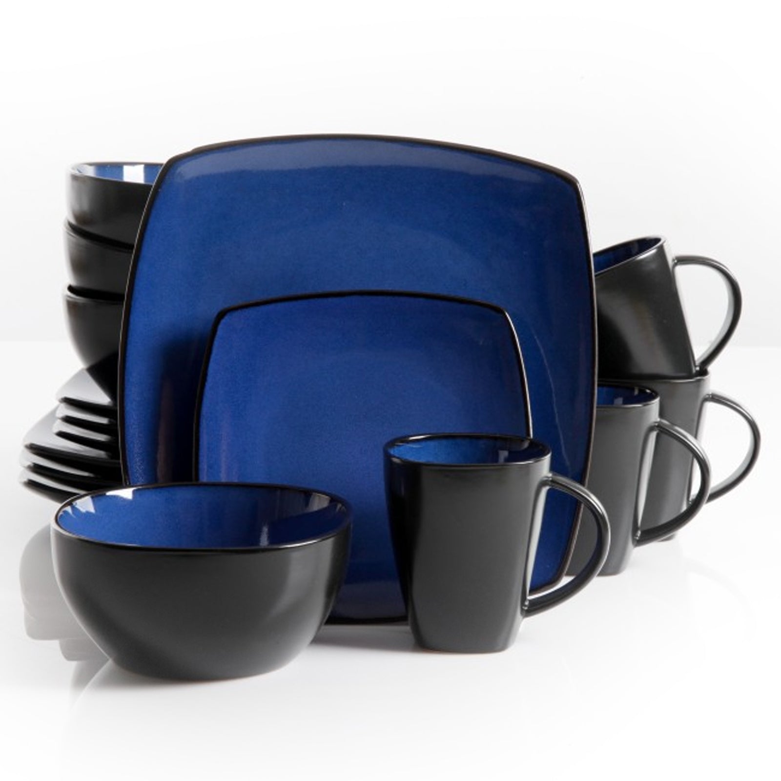 Gibson Soho Lounge 16 Piece Square Stoneware Dinnerware Set in Blue and Black W2B