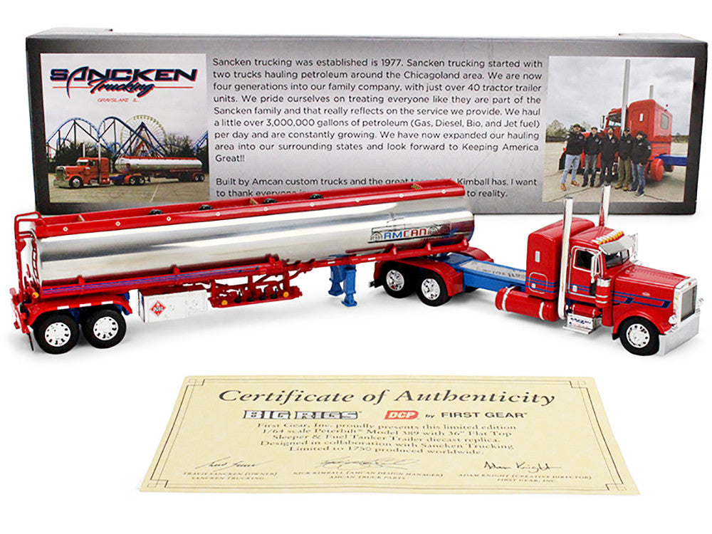 Peterbilt 389 with 36" Flat Top Sleeper and Heil Fuel Tank Trailer "Sancken Custom Truck by Amcan" Red "Big Rigs" Series II #3 1/64 Diecast Model by DCP/First Gear First Gear