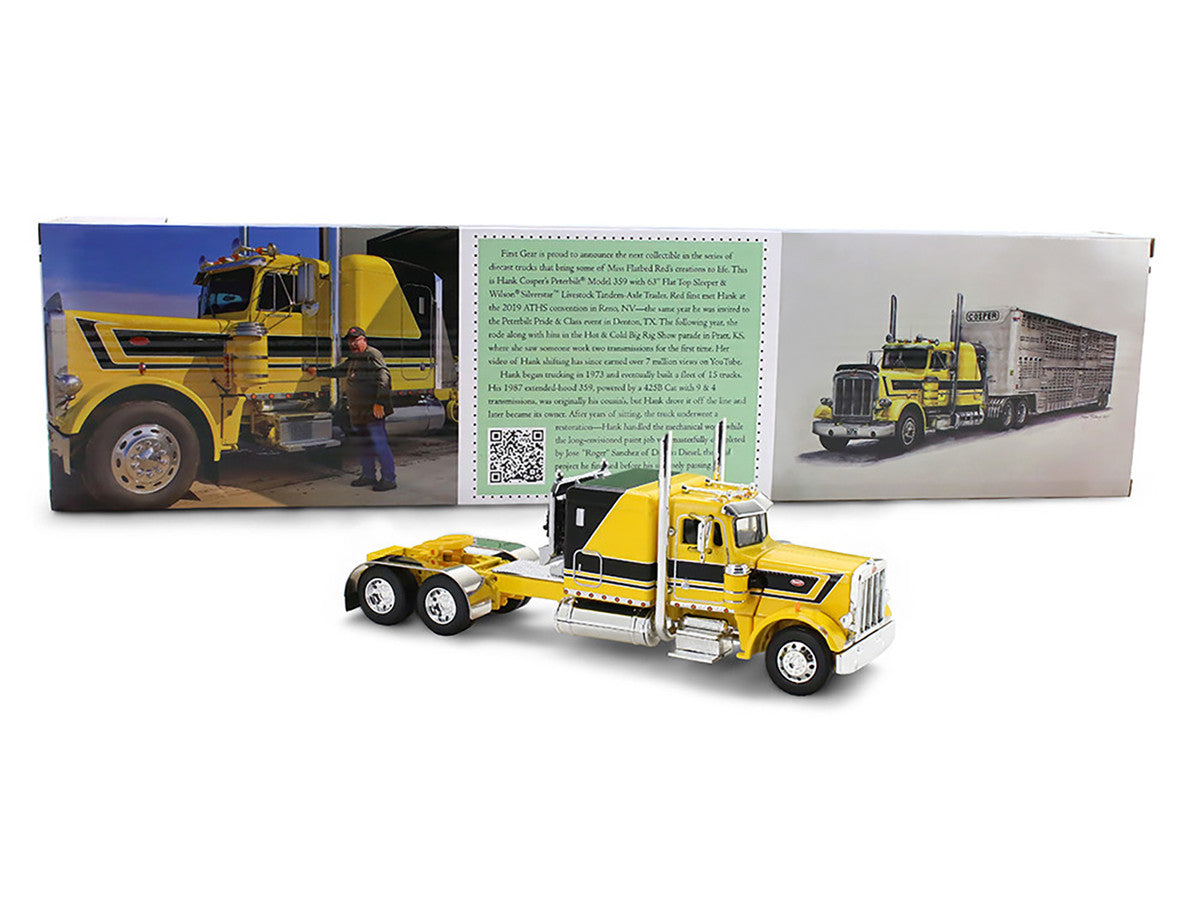 Peterbilt 359 with 63" Flat Top Sleeper & Wilson Silverstar Livestock Trailer "Red's Favorites - Hank Cosper" Yellow with Black Stripes 1/64 Diecast Model by DCP/First Gear First Gear