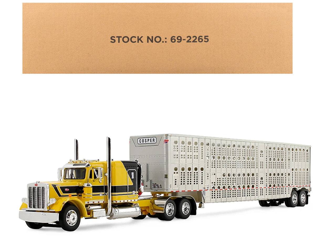 Peterbilt 359 with 63" Flat Top Sleeper & Wilson Silverstar Livestock Trailer "Red's Favorites - Hank Cosper" Yellow with Black Stripes 1/64 Diecast Model by DCP/First Gear First Gear