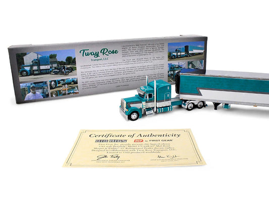 Peterbilt 379 with 63" Mid-Roof Sleeper and 53' Utility Trailer with Reefer "Tway Rose Transport" Teal and White with Stripes "Big Rigs" Series II #5 1/64 Diecast Model by DCP/First Gear First Gear