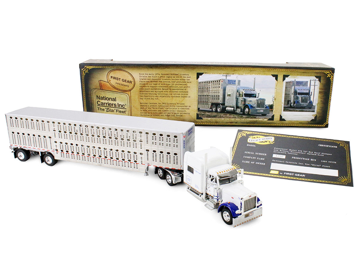 Peterbilt 379 with 70" Mid-Roof Sleeper and Wilson Silverstar Livestock Trailer "National Carriers" White "Legacy Series #5" 1/64 Diecast Model by DCP/First Gear First Gear
