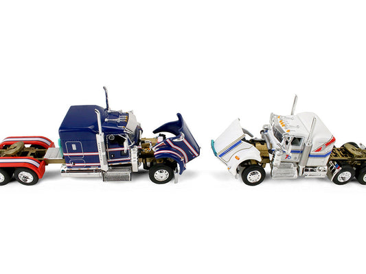 Kenworth W900L with 72" Aerocab Flat Top Sleeper Blue with White Stripes and Fontaine Magnitude Lowboy Trailer with Kenworth W900A Load White with Blue and Red Stripes "America 250" 1/64 Diecast Model by DCP/First Gear First Gear