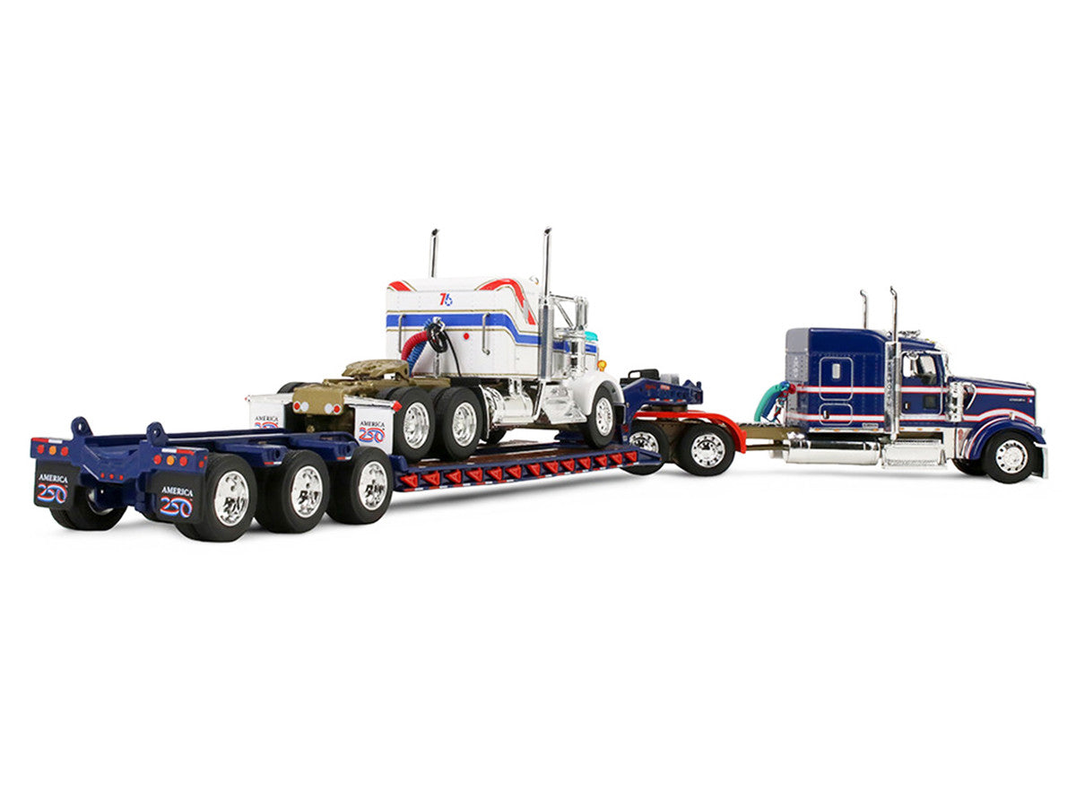 Kenworth W900L with 72" Aerocab Flat Top Sleeper Blue with White Stripes and Fontaine Magnitude Lowboy Trailer with Kenworth W900A Load White with Blue and Red Stripes "America 250" 1/64 Diecast Model by DCP/First Gear First Gear