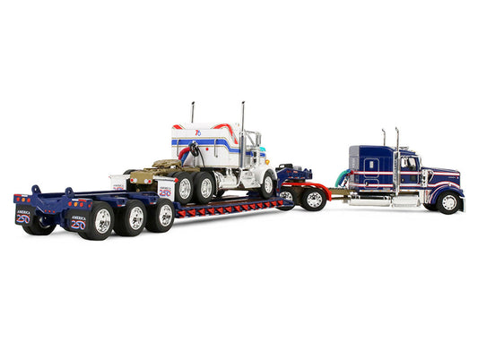 Kenworth W900L with 72" Aerocab Flat Top Sleeper Blue with White Stripes and Fontaine Magnitude Lowboy Trailer with Kenworth W900A Load White with Blue and Red Stripes "America 250" 1/64 Diecast Model by DCP/First Gear First Gear