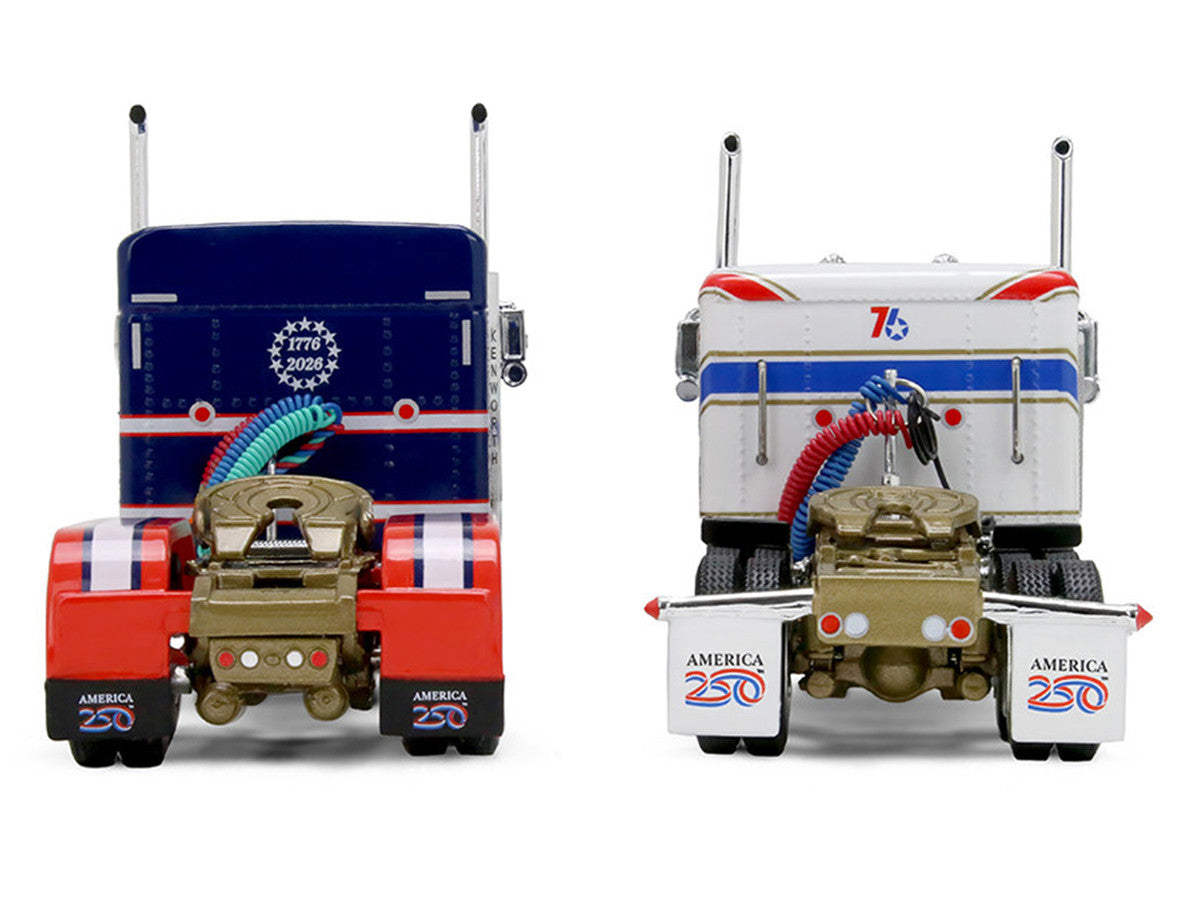 Kenworth W900L with 72" Aerocab Flat Top Sleeper Blue with White Stripes and Fontaine Magnitude Lowboy Trailer with Kenworth W900A Load White with Blue and Red Stripes "America 250" 1/64 Diecast Model by DCP/First Gear First Gear