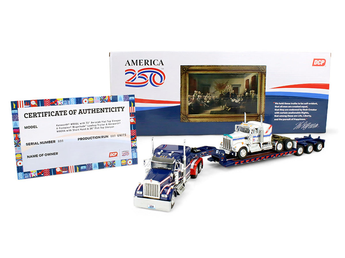 Kenworth W900L with 72" Aerocab Flat Top Sleeper Blue with White Stripes and Fontaine Magnitude Lowboy Trailer with Kenworth W900A Load White with Blue and Red Stripes "America 250" 1/64 Diecast Model by DCP/First Gear First Gear