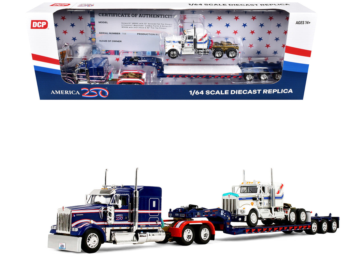 Kenworth W900L with 72" Aerocab Flat Top Sleeper Blue with White Stripes and Fontaine Magnitude Lowboy Trailer with Kenworth W900A Load White with Blue and Red Stripes "America 250" 1/64 Diecast Model by DCP/First Gear First Gear