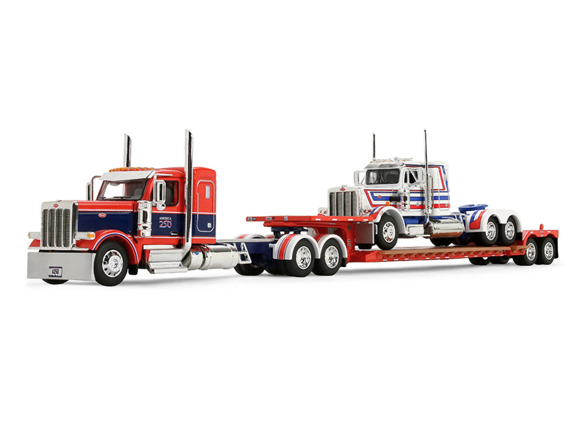 Peterbilt 589 with 44" Flat Top Sleeper Red with Blue Stripes and Fontaine Renegade LXT40 Lowboy Trailer with Peterbilt 359 Load White with Blue and Red Stripes "America 250" 1/64 Diecast Model by DCP/First Gear First Gear