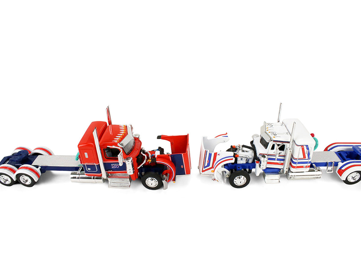 Peterbilt 589 with 44" Flat Top Sleeper Red with Blue Stripes and Fontaine Renegade LXT40 Lowboy Trailer with Peterbilt 359 Load White with Blue and Red Stripes "America 250" 1/64 Diecast Model by DCP/First Gear First Gear