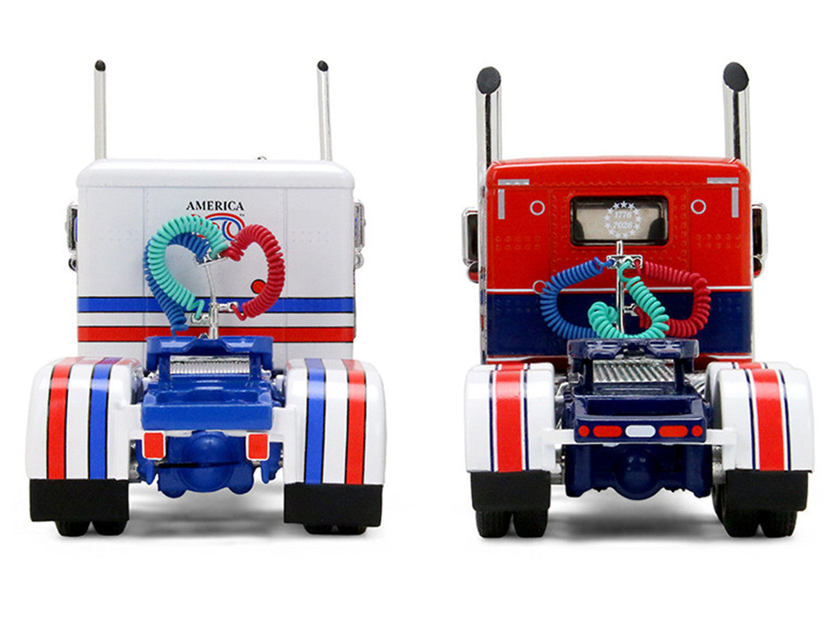 Peterbilt 589 with 44" Flat Top Sleeper Red with Blue Stripes and Fontaine Renegade LXT40 Lowboy Trailer with Peterbilt 359 Load White with Blue and Red Stripes "America 250" 1/64 Diecast Model by DCP/First Gear First Gear