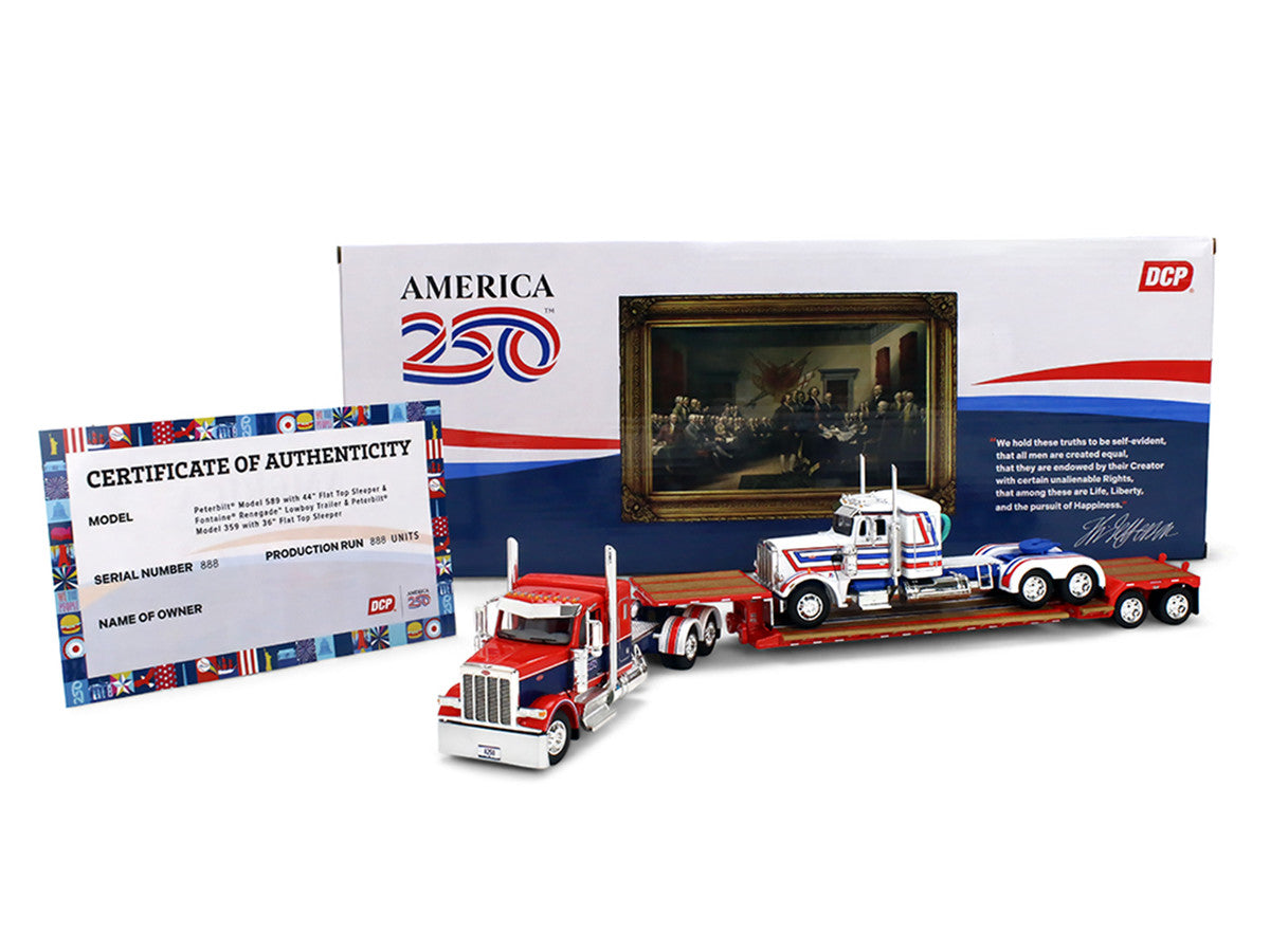 Peterbilt 589 with 44" Flat Top Sleeper Red with Blue Stripes and Fontaine Renegade LXT40 Lowboy Trailer with Peterbilt 359 Load White with Blue and Red Stripes "America 250" 1/64 Diecast Model by DCP/First Gear First Gear