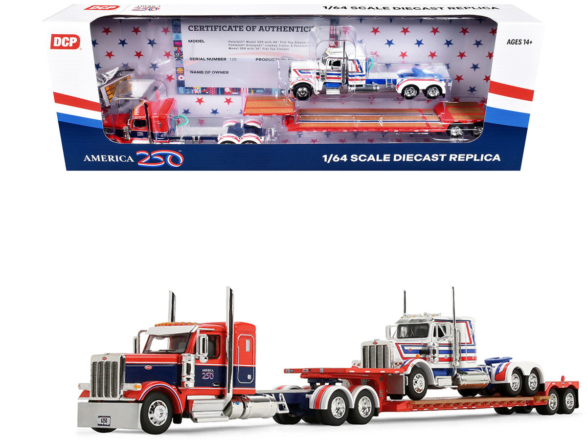 Peterbilt 589 with 44" Flat Top Sleeper Red with Blue Stripes and Fontaine Renegade LXT40 Lowboy Trailer with Peterbilt 359 Load White with Blue and Red Stripes "America 250" 1/64 Diecast Model by DCP/First Gear First Gear