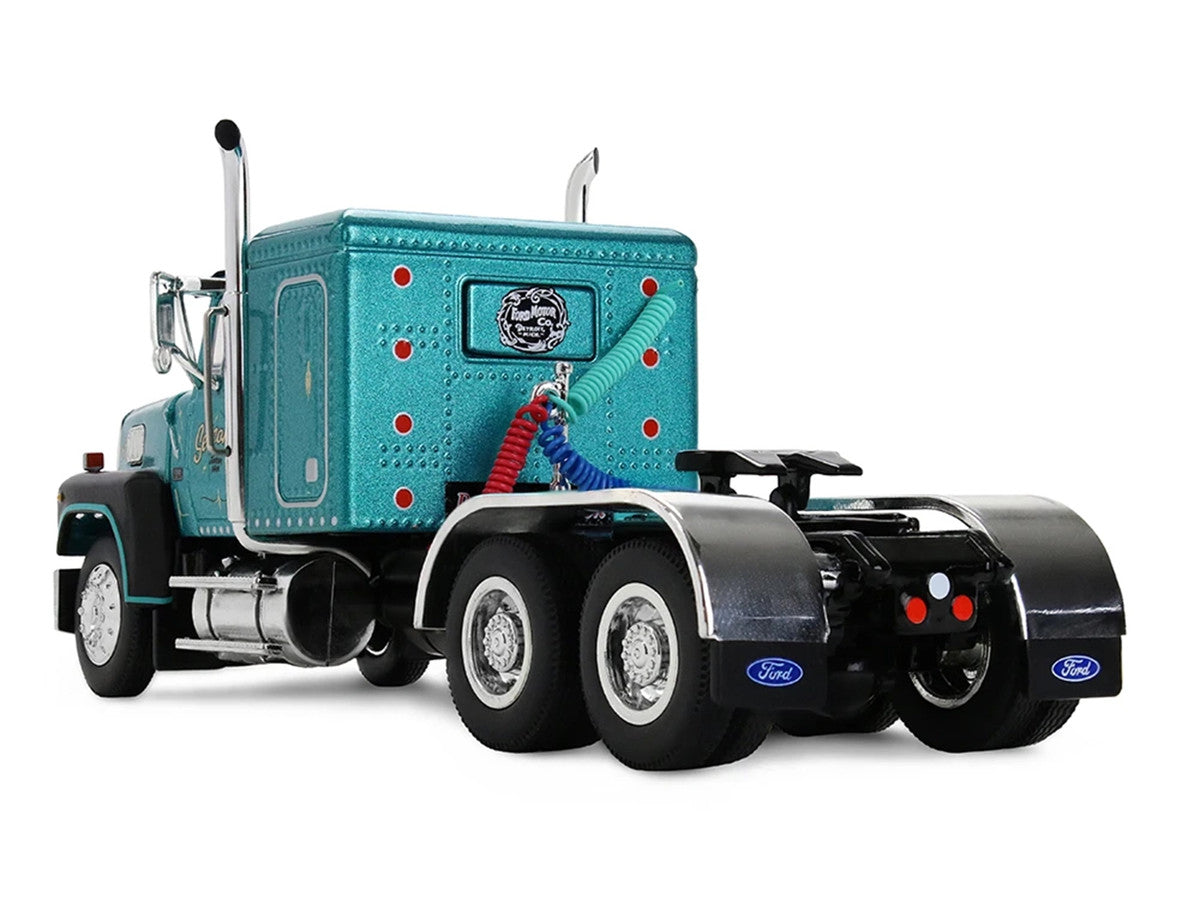 Ford LTL 9000 with 48" Flat Top Sleeper and 53' Utility Trailer with Reefer "Red’s Favorites - Tom Sercombe" Turquoise Metallic 1/64 Diecast Model by First Gear First Gear