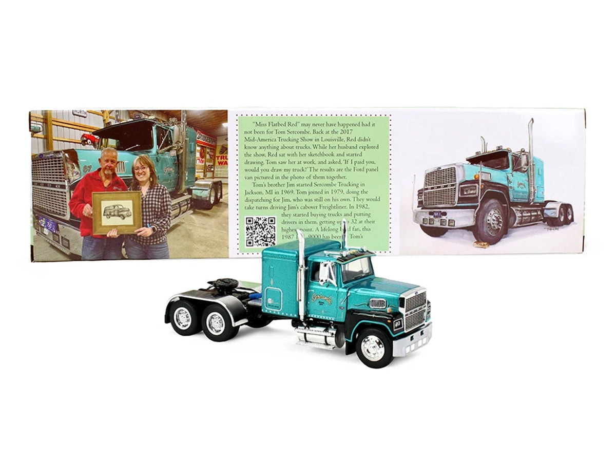 Ford LTL 9000 with 48" Flat Top Sleeper and 53' Utility Trailer with Reefer "Red’s Favorites - Tom Sercombe" Turquoise Metallic 1/64 Diecast Model by First Gear First Gear