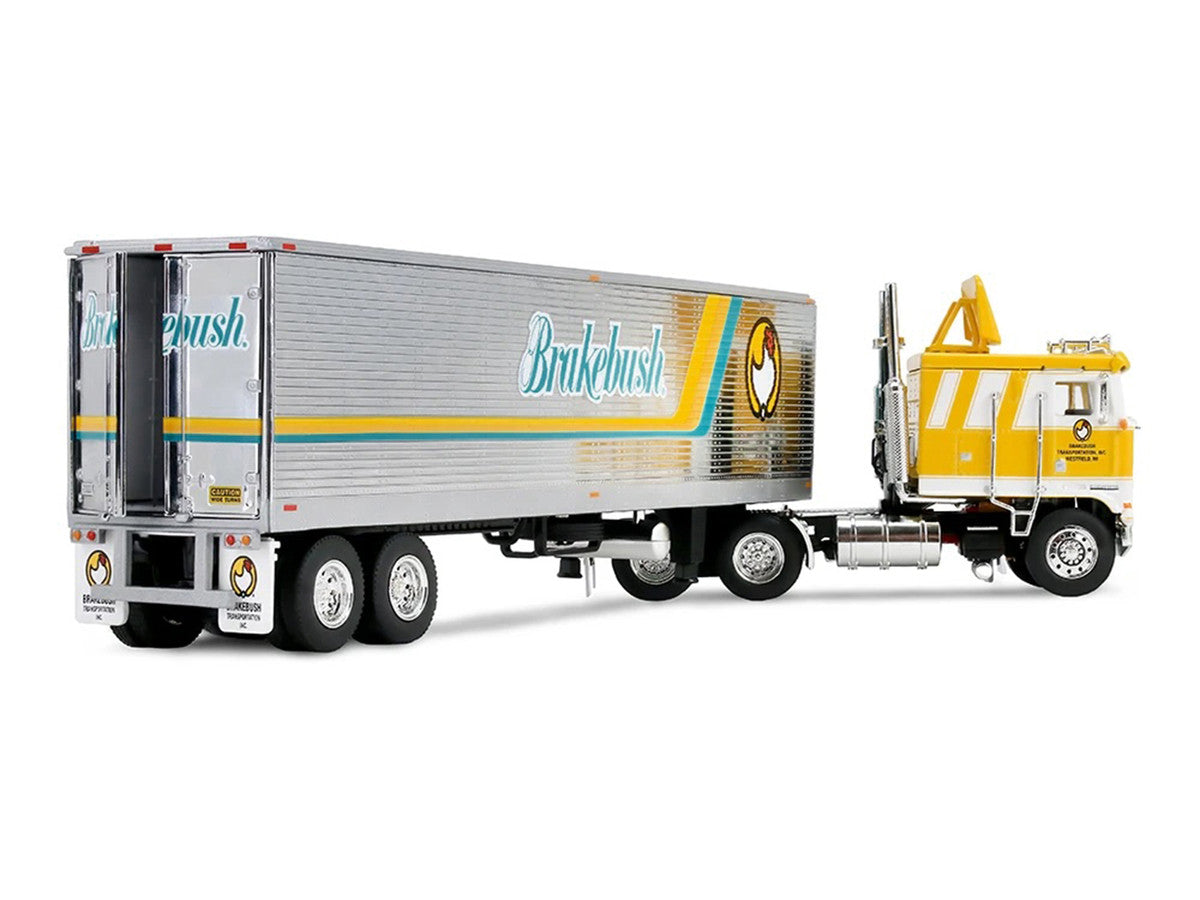 Kenworth K100 COE Flat Top and 40' Vintage Trailer with Reefer "Brakebush" Yellow with White Grpahics "Legacy Series #6" 1/64 Diecast Model by First Gear First Gear