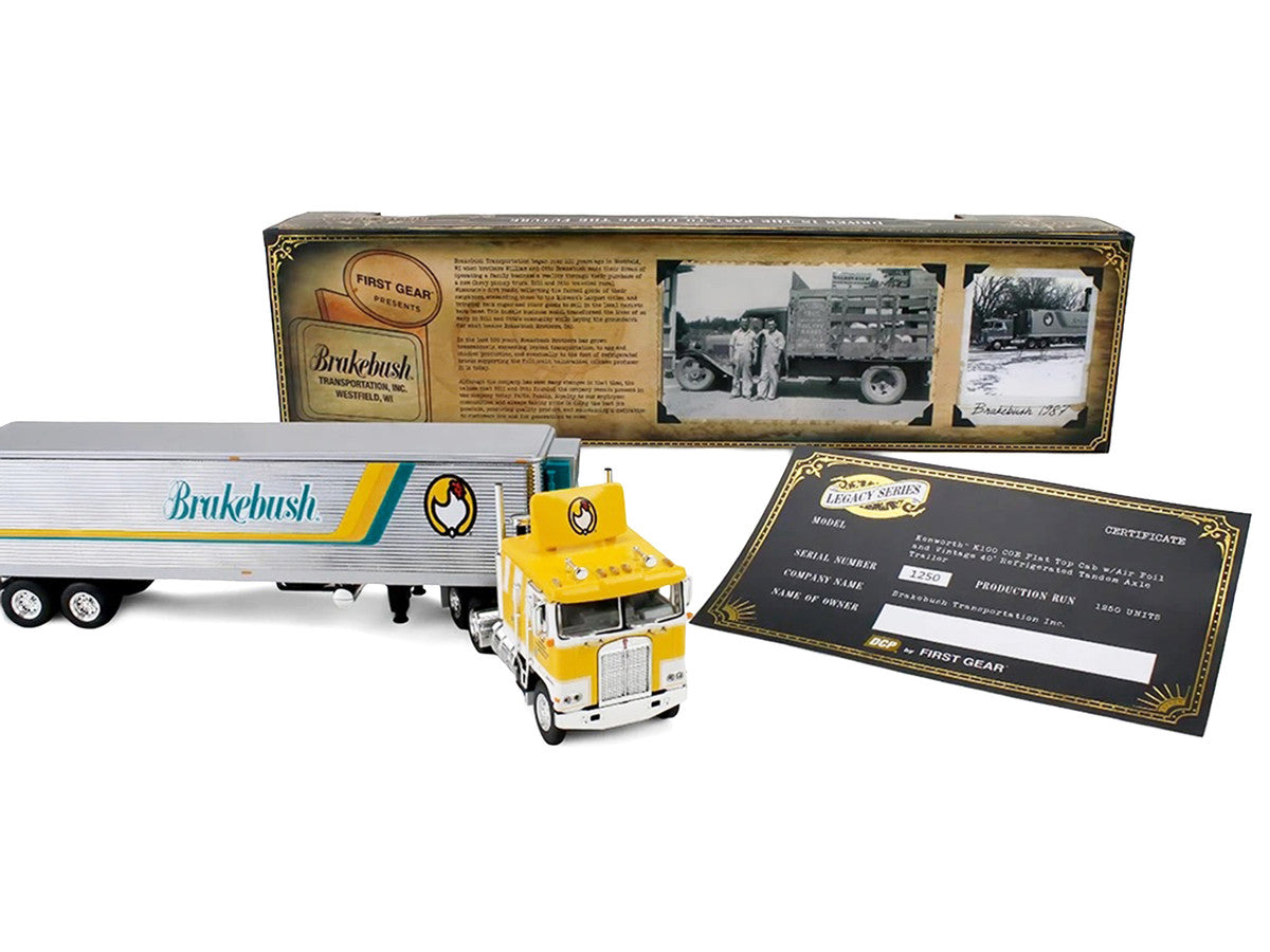 Kenworth K100 COE Flat Top and 40' Vintage Trailer with Reefer "Brakebush" Yellow with White Grpahics "Legacy Series #6" 1/64 Diecast Model by First Gear First Gear