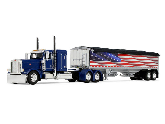 Peterbilt 389 with 48" Flat Top Sleeper and 43' Wilson Pacesetter High Side Grain Trailer "Wilson USA 250" Blue 1/64 Diecast Model by DCP/First Gear First Gear