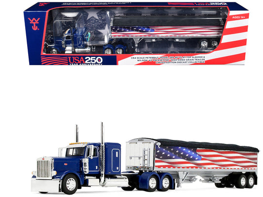 Peterbilt 389 with 48" Flat Top Sleeper and 43' Wilson Pacesetter High Side Grain Trailer "Wilson USA 250" Blue 1/64 Diecast Model by DCP/First Gear First Gear