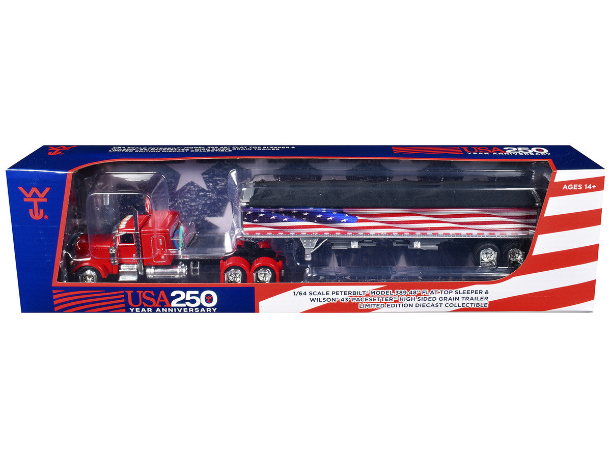 Peterbilt 389 with 48" Flat Top Sleeper and 43' Wilson Pacesetter High Side Grain Trailer "Wilson USA 250" Red 1/64 Diecast Model by DCP/First Gear First Gear