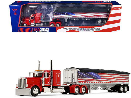 Peterbilt 389 with 48" Flat Top Sleeper and 43' Wilson Pacesetter High Side Grain Trailer "Wilson USA 250" Red 1/64 Diecast Model by DCP/First Gear First Gear