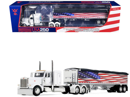 Peterbilt 389 with 48" Flat Top Sleeper and 43' Wilson Pacesetter High Side Grain Trailer "Wilson USA 250" White 1/64 Diecast Model by DCP/First Gear First Gear
