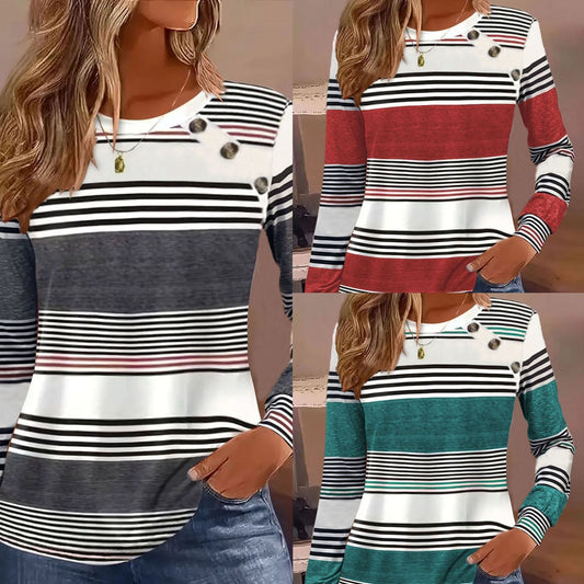Casual Button Striped Long Sleeve Women's T-shirt LadyShow.Store