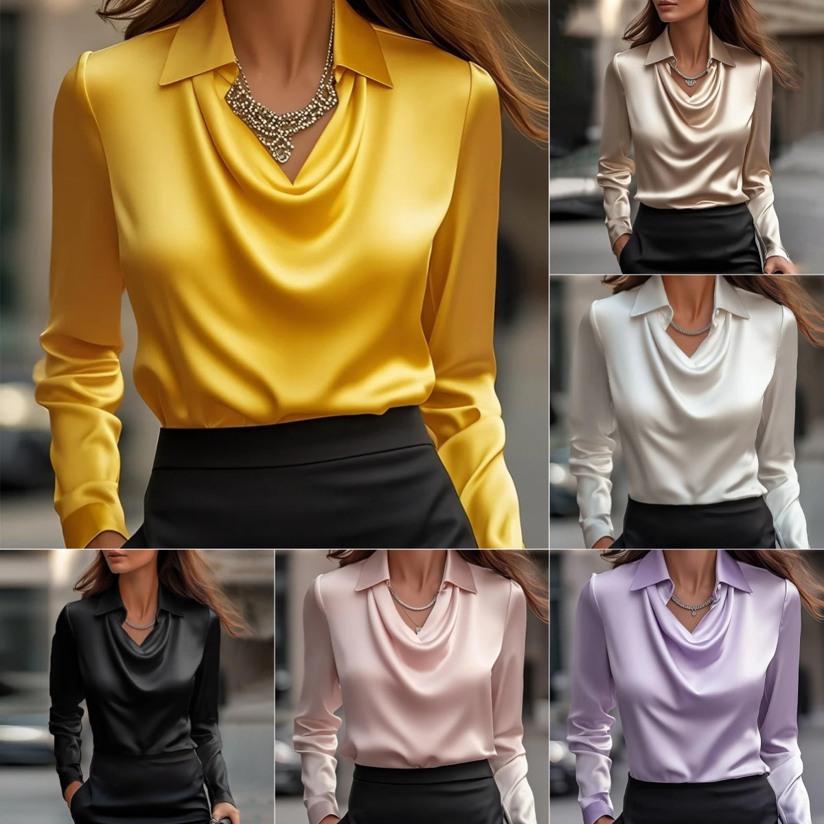 Women's Swing Collar Draped Shirts & Blouses Elegant Solid Satin Office Ladies Top Pullover Spring Long Sleeve Casual Tops LadyShow.Store