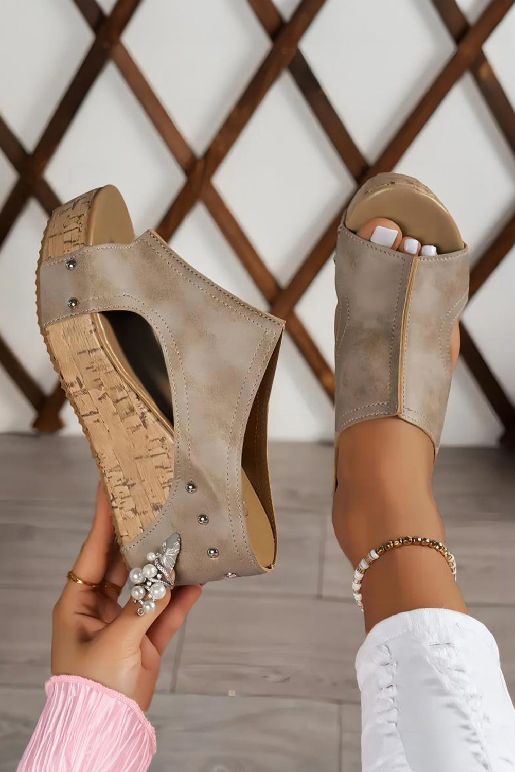 Gianna Pu Leather Wedge Slippers Threaded Pear