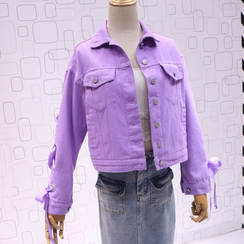 Short Denim Jacket, Bow Tie Jacket Top Purple