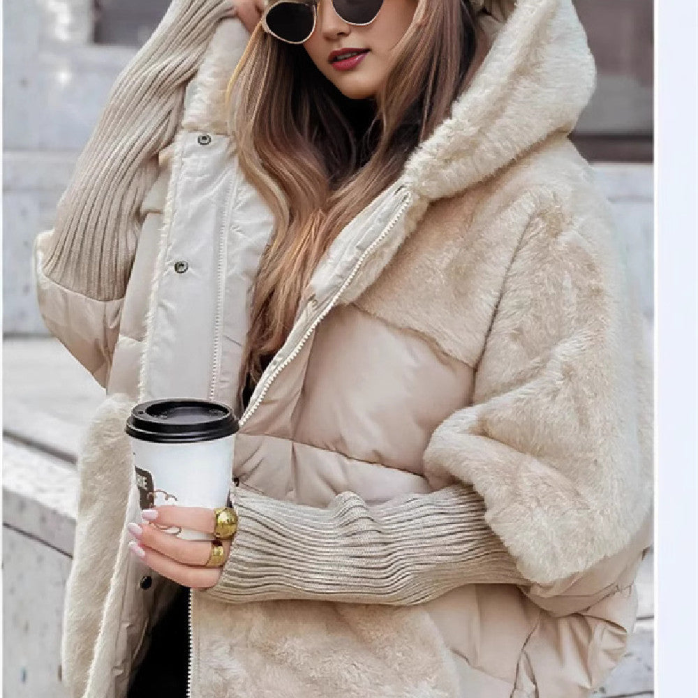 Women's Loose Cotton Coat Faux Fur Patchwork Winter Coat Comfort Chic Long Sleeve Hooded Jacket LadyShow.Store
