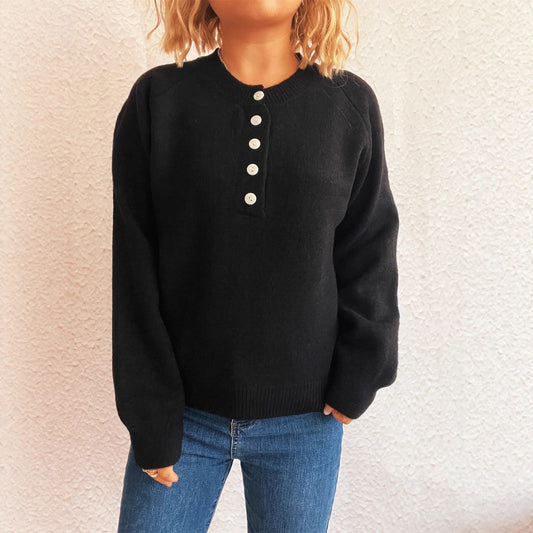 Women's Solid Color Buttons Casual Knitted Round Neck Long Sleeve Warm Sweater LadyShow.Store