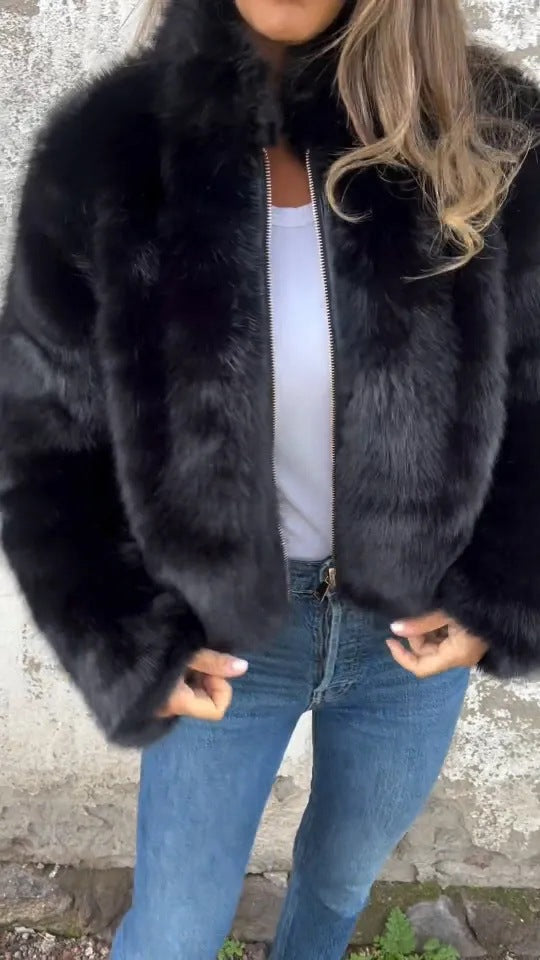 Fashion Stand Collar Plush Jacket Winter Casual Turtleneck Zipper Coat Fleece Tops Women's Clothing Accent Plus