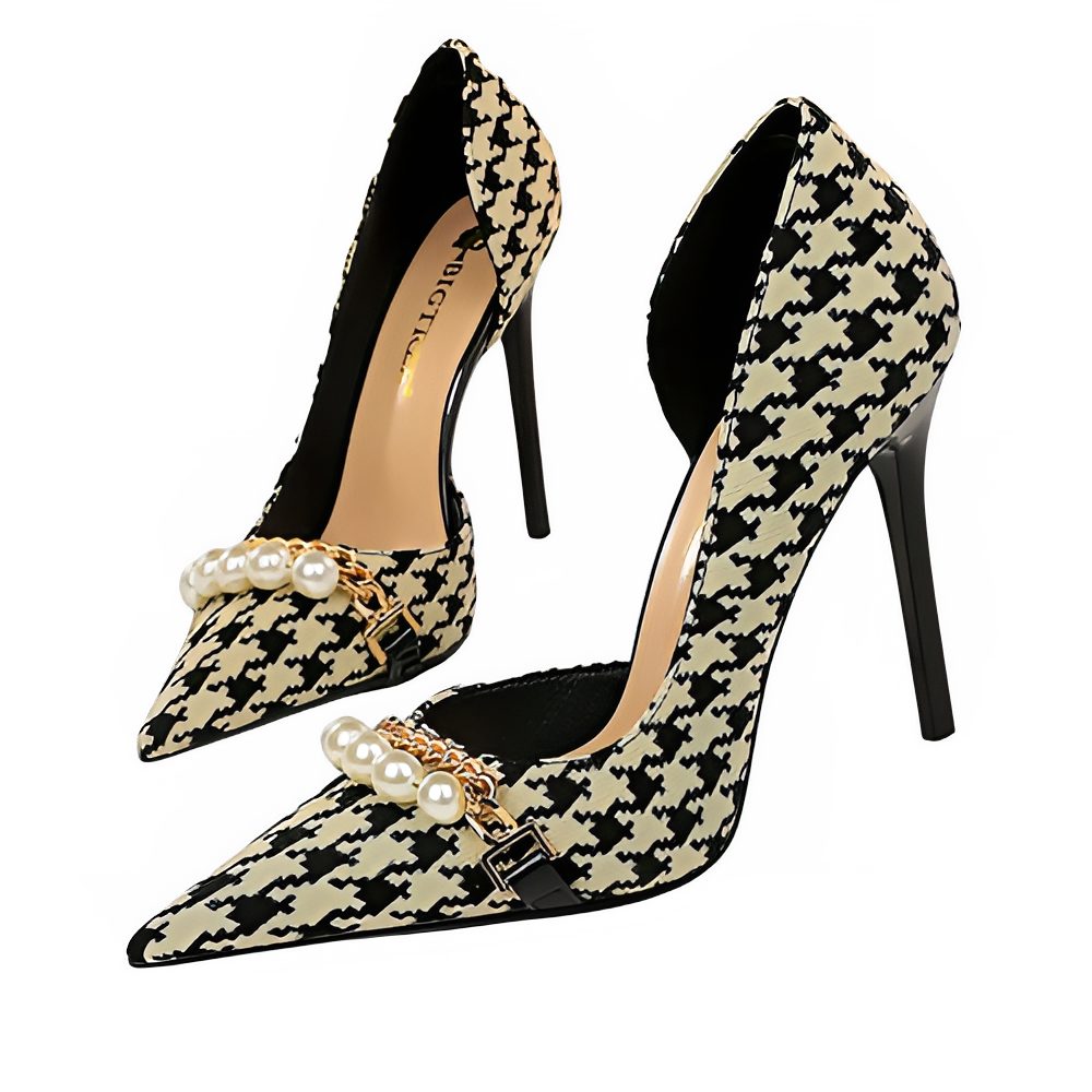 BIGTREE Shoes 2026 Spring Women Pumps Pearl Metal Chain High-heels Checked Grain Stilettos Women Heels Luxury Banquet Shoes 43 Pi-Mart
