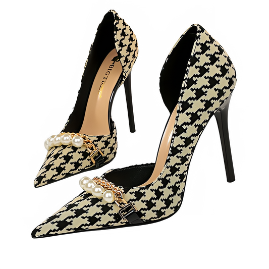 BIGTREE Shoes 2026 Spring Women Pumps Pearl Metal Chain High-heels Checked Grain Stilettos Women Heels Luxury Banquet Shoes 43 Pi-Mart