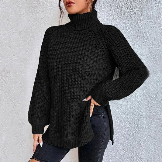 Turtleneck Pullover Sweater With Split Design Fashion Simple Solid Color Long Sleeve Tops Women's Clothing LadyShow.Store