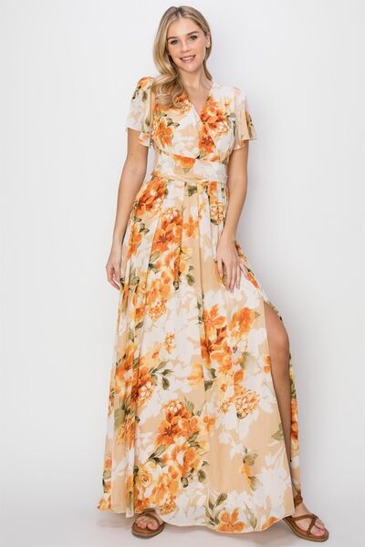 HYFVE Floral Tie Back Short Sleeve Slit Maxi Dress LuxuryLifeWay Online Store