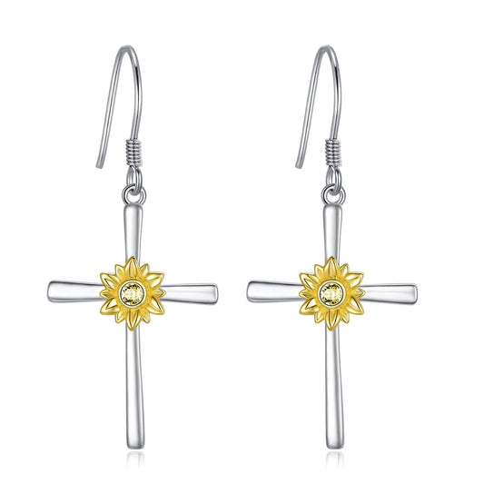 Sunflower Earrings Sterling Silver Cross Dangle Drop Hooks Earrings Sunflower Flower Jewelry Gifts for Women Teens Birthday LadyShow.Store