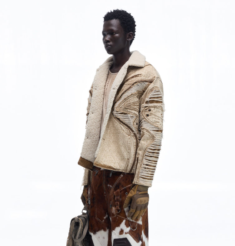 Ravaged And Distressed Apricot Lambswool Denim Jacket Accent Plus