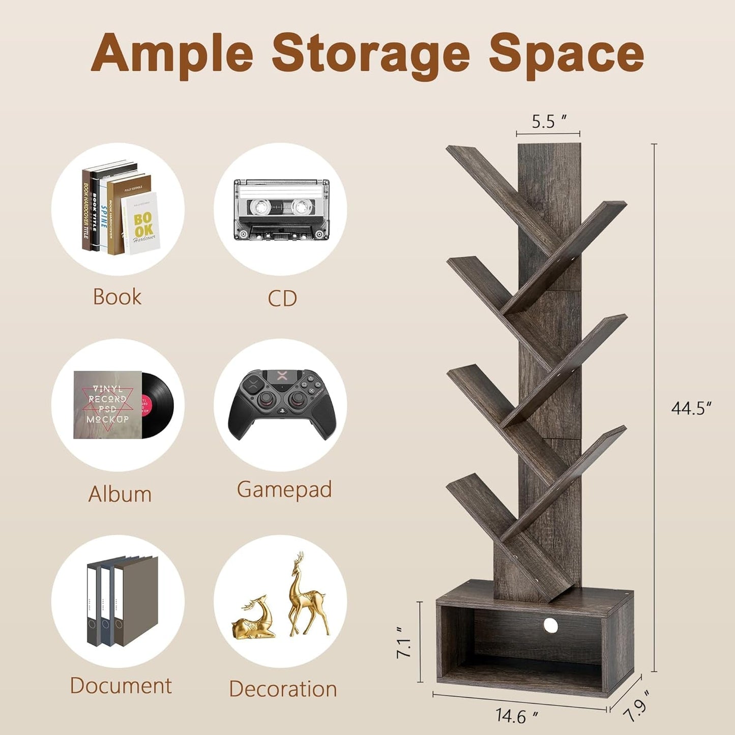 6 Tier Tree Bookshelf Bookcase With Drawer Grey Office ShipItFurniture