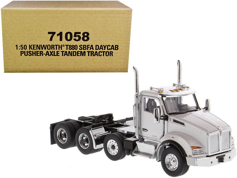 Kenworth T880 SBFA Day Cab Pusher-Axle Tandem Truck Tractor White Metallic 1/50 Diecast Model by Diecast Masters Diecast Masters