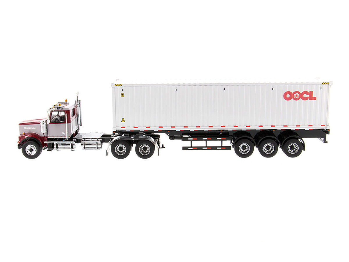 Western Star 4900 SF Tandem Day Cab Truck Tractor Red and Gray with 40' Dry Goods Sea Container "OOCL" White "Transport Series" 1/50 Diecast Model by Diecast Masters Diecast Masters