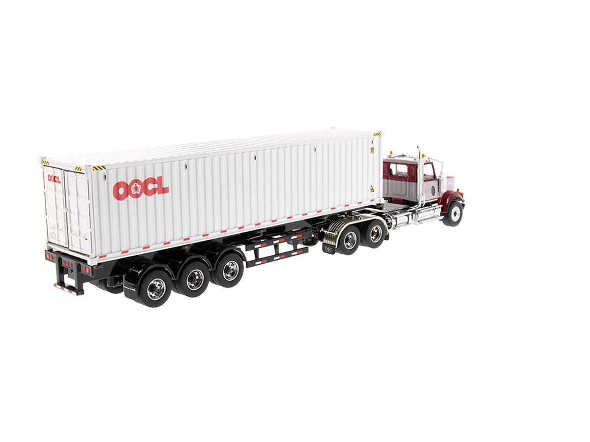 Western Star 4900 SF Tandem Day Cab Truck Tractor Red and Gray with 40' Dry Goods Sea Container "OOCL" White "Transport Series" 1/50 Diecast Model by Diecast Masters Diecast Masters